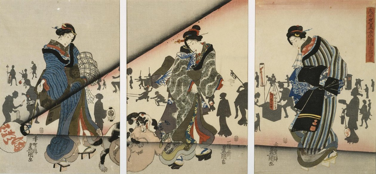 Éjszakai jelenet lányokkal, állatokkal és lámpákkal alkotó: Utagawa Kunisada