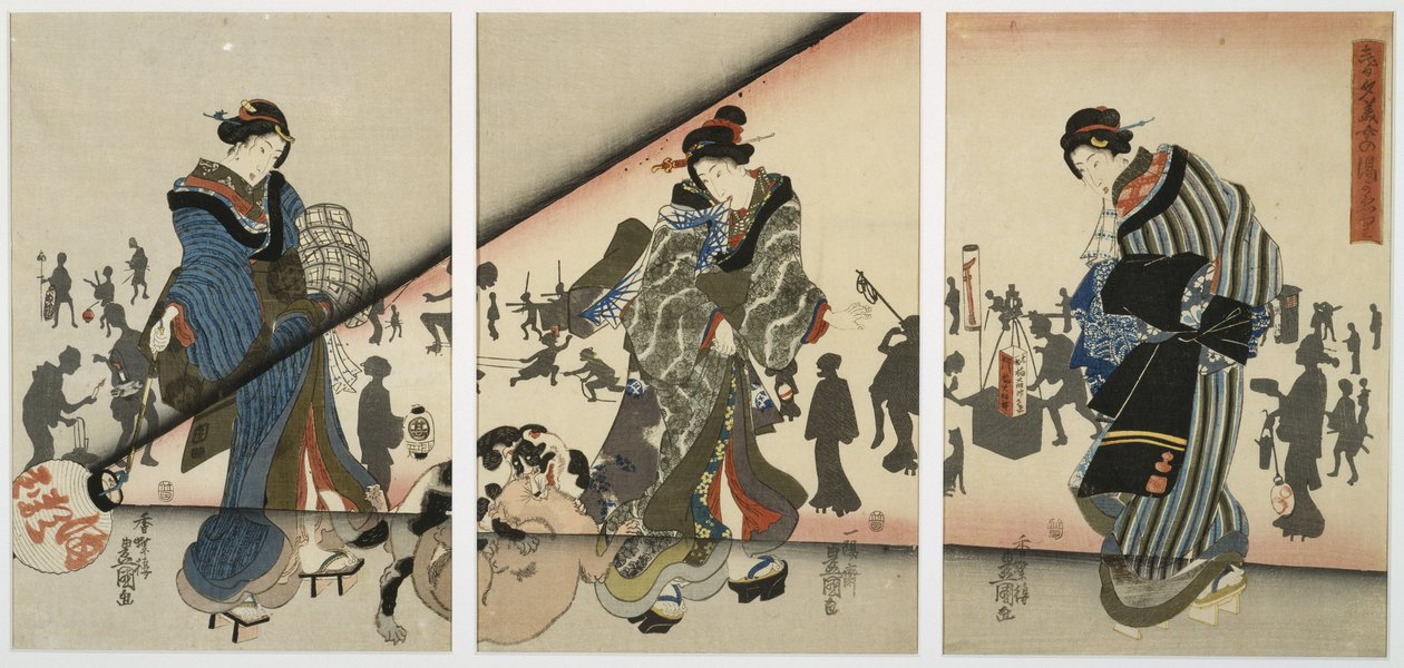 Éjszakai jelenet lányokkal, állatokkal és lámpásokkal, 19. század közepe (fatömbnyomat, triptichon) alkotó: Utagawa Kunisada
