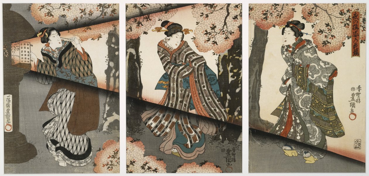 Éjszakai jelenet lányokkal és lámpásokkal, 19. század közepe (fatömbnyomat, triptichon) alkotó: Utagawa Kunisada