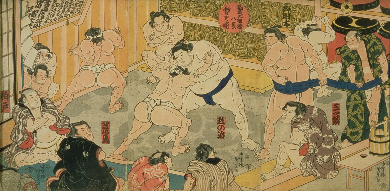A Kanjin Sumo nyolc nézete közül az egyik, Tsutaya kiadó, 19. század, (triptichon, oban méret, színes fametszet) alkotó: Utagawa Kunisada