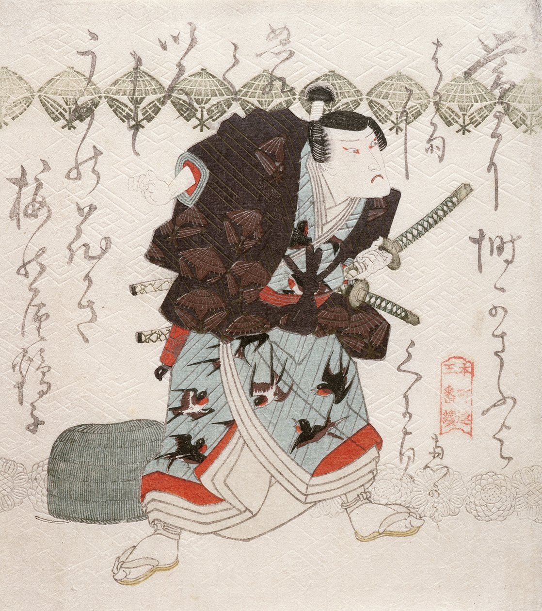 Onoe Kikugoro III mint Nagoya Sanza a Saya-ate (kardok ütközése) jelenetben, 1827-30 körül (színes fametszet) alkotó: Utagawa Kunisada