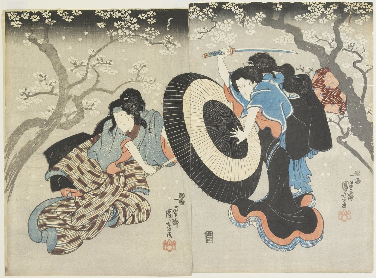 (Két nő harcol a cseresznyefa alatt, jelenet egy kabuki színdarabból), 1847-1852 alkotó: Utagawa Kuniyoshi