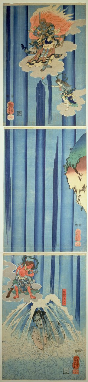 Mongaku Shonin a vízesés alatt, 1851 körül (függőleges triptichon) alkotó: Utagawa Kuniyoshi