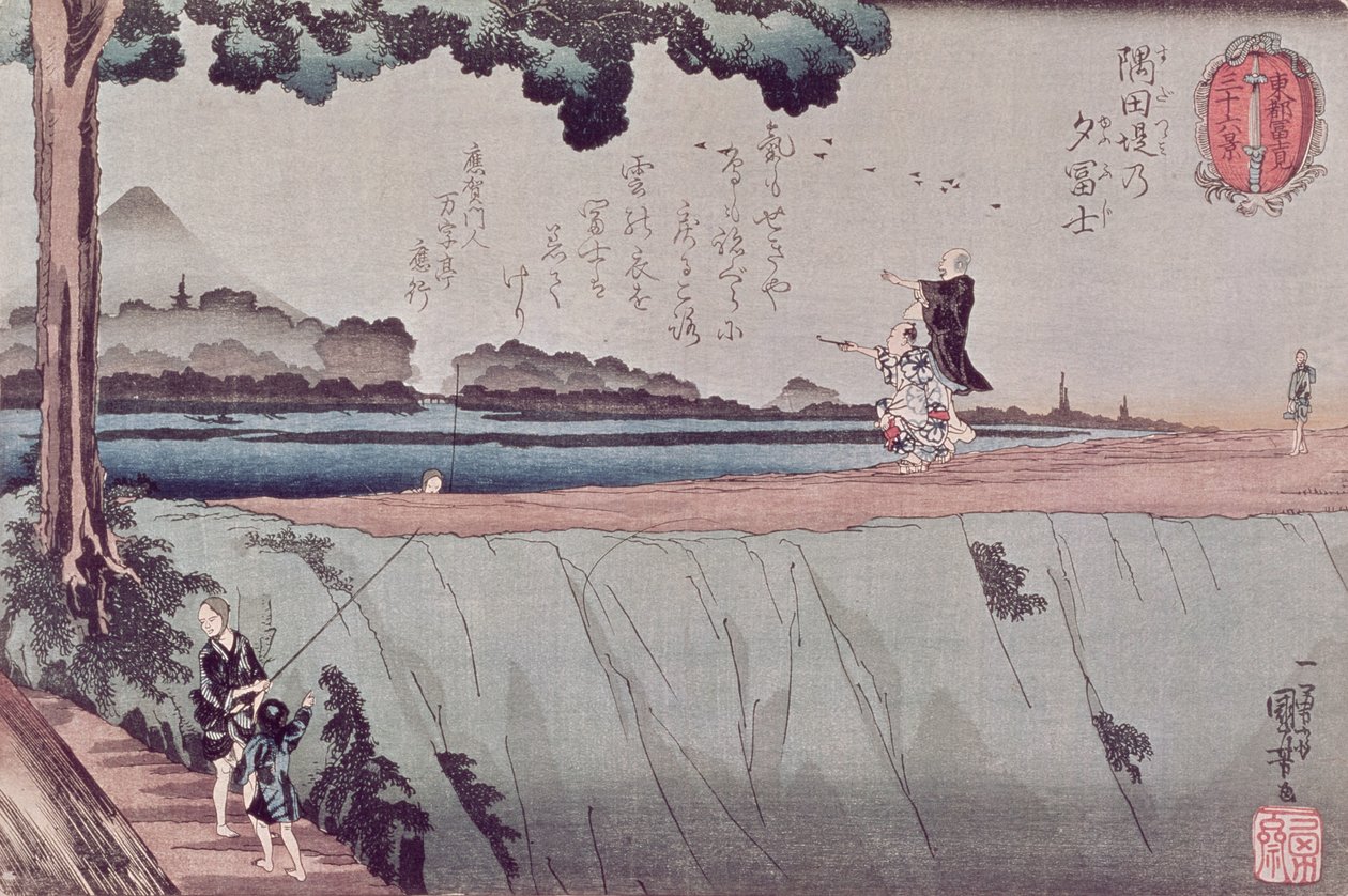 Fuji-hegy a Sumida folyó töltéséről, az egyik kilátás Edoból, 1842 körül alkotó: Utagawa Kuniyoshi