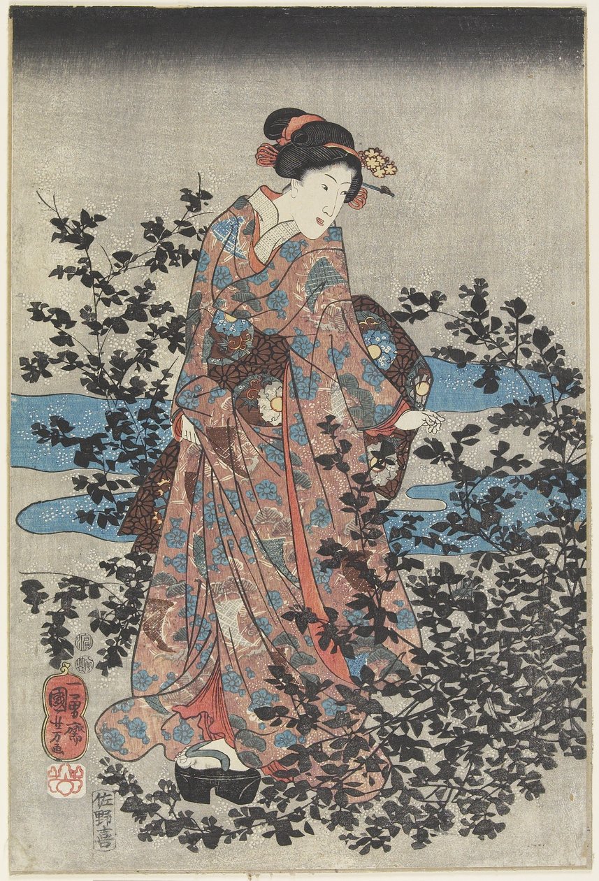 Éjszakai jelenet szépséggel és bokorlóheggyel, 1847-1852 alkotó: Utagawa Kuniyoshi