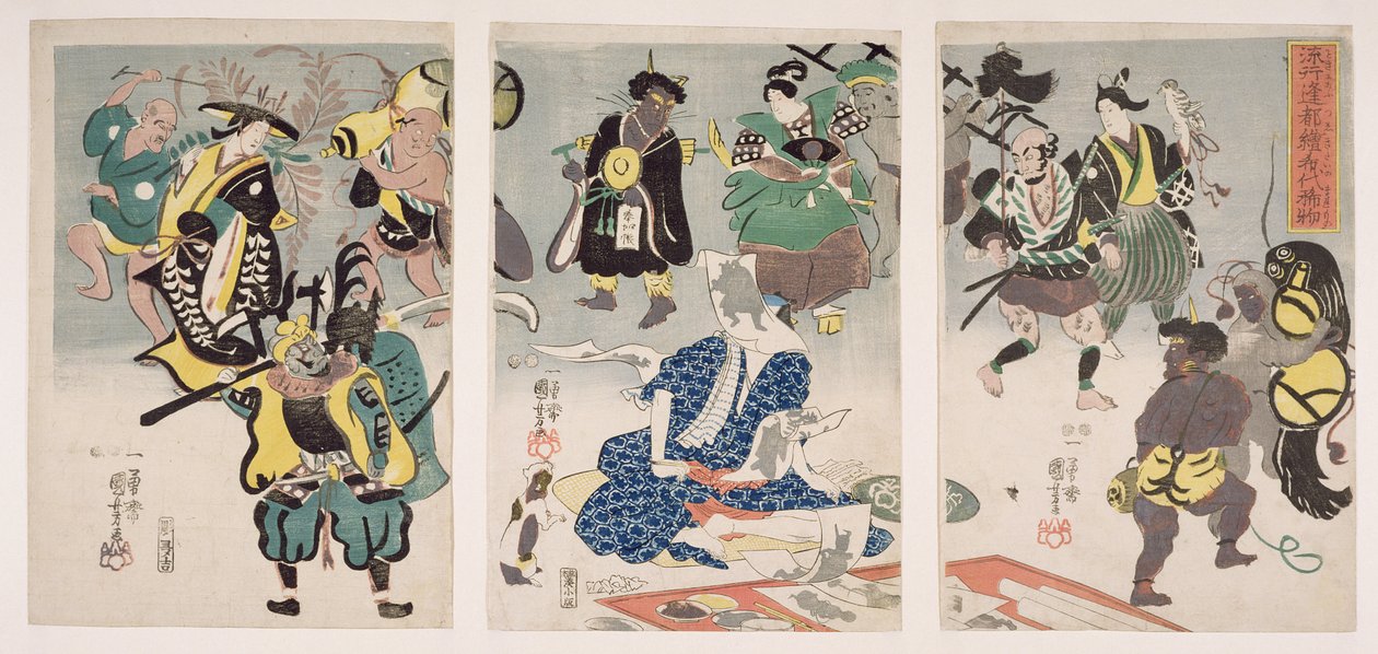 Otsu-e Paintings Coming Alive Triptichon, 1847-52 körül (fatömbnyomat) alkotó: Utagawa Kuniyoshi