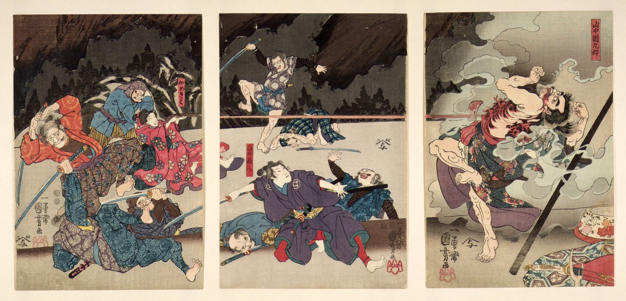 P.216-1955 Yamanaka Dankuro halála, triptichon (fatömbnyomat) alkotó: Utagawa Kuniyoshi