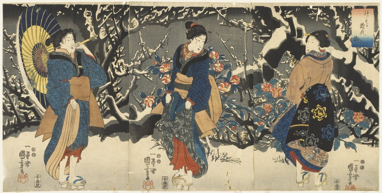 Szilvavirágok az esti hóban, 1847-1852 alkotó: Utagawa Kuniyoshi