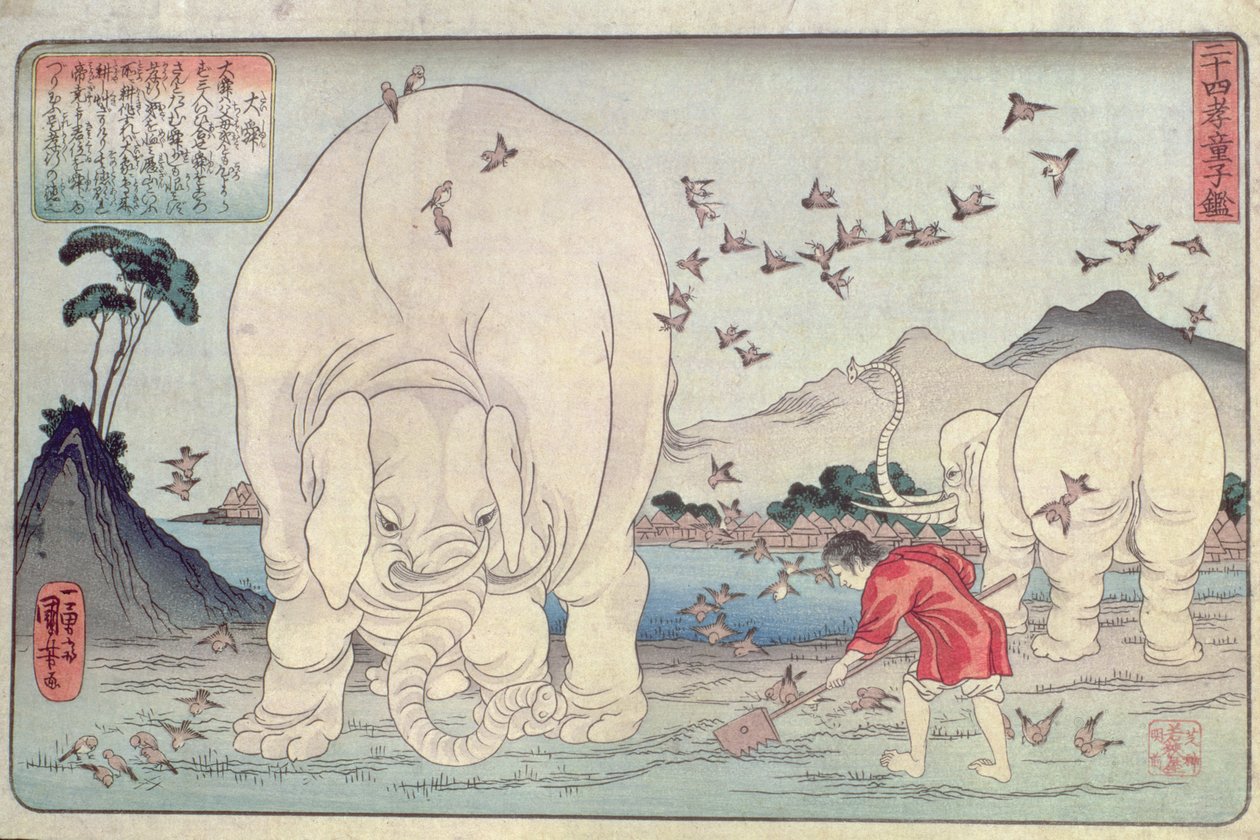 Huszonnégy példakép: Tai Shun és az elefántok, kocsma. 1830 körül, (színes fatömbnyomat) alkotó: Utagawa Kuniyoshi