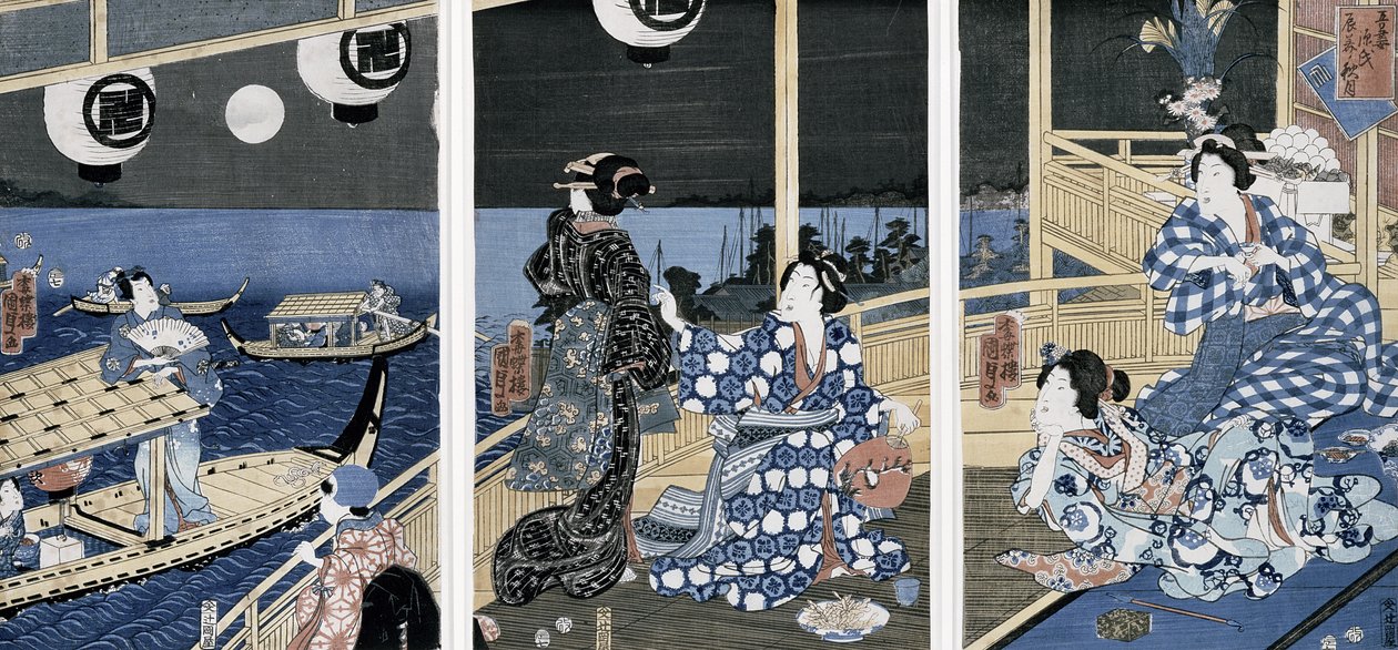 Egy őszi hold Fukagawa felett (az élvezeti negyed), az „Azuma Genji” sorozatból (Genji herceg a keleti fővárosból (Edo) 1856 (színes fatömbnyomat)) alkotó: Utagawa Sadahide