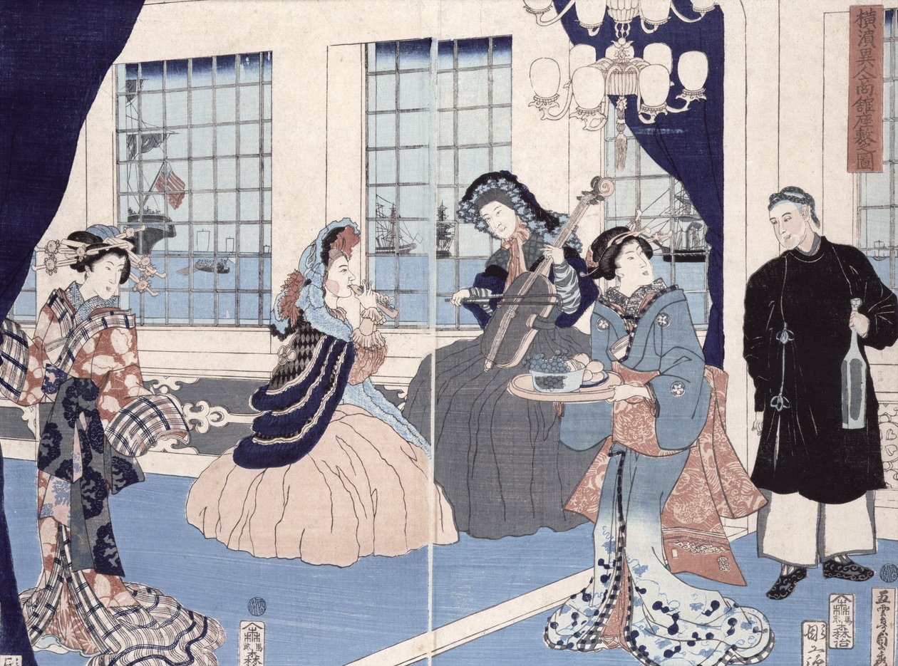 Egy külföldi kereskedőház szalonja Yokohamában, 1861 (színes fametszet) alkotó: Utagawa Sadahide