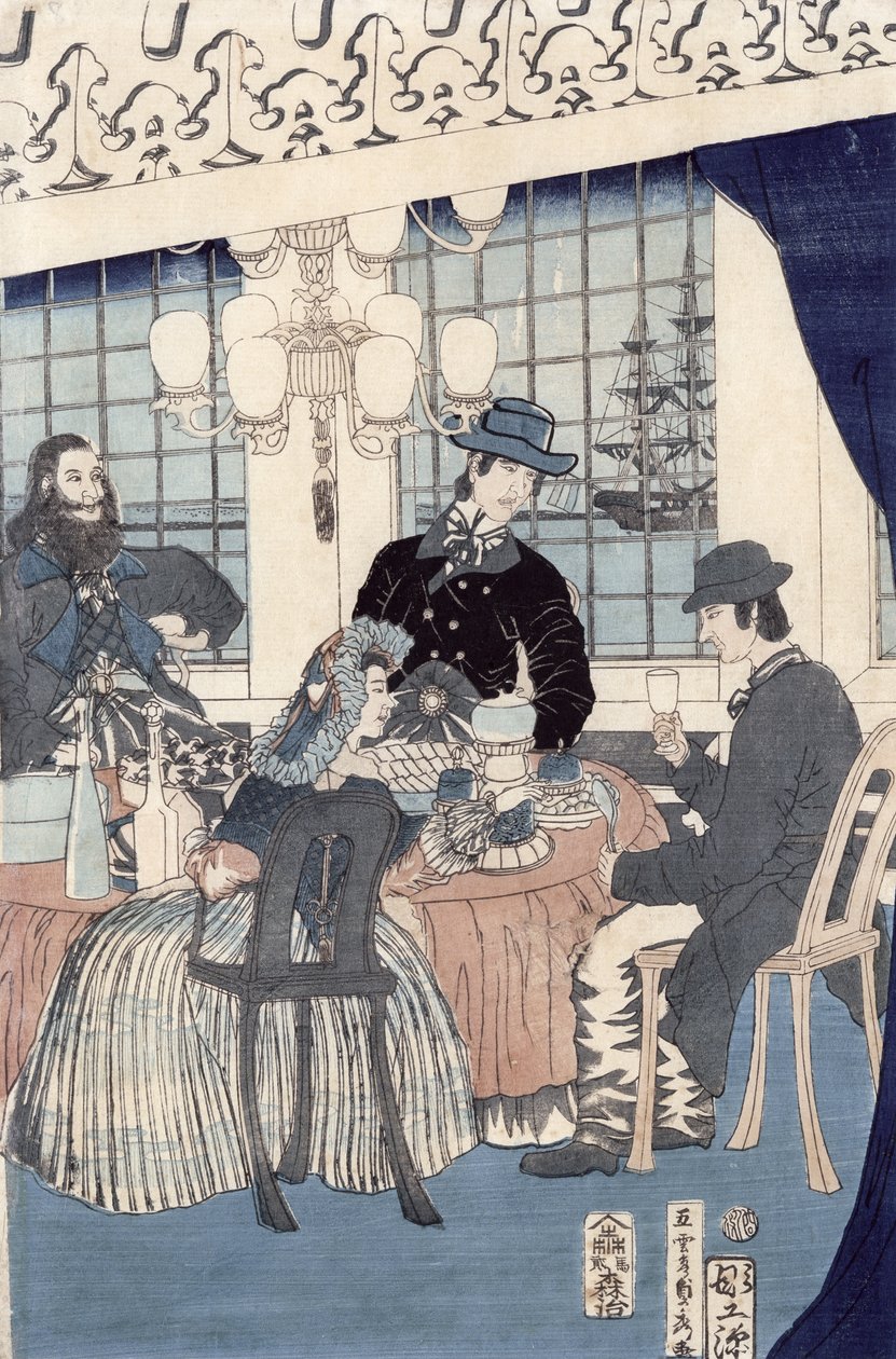 Külföldi kereskedők házának szalonja Yokohamában, 1861 (színes fatömbnyomat) alkotó: Utagawa Sadahide