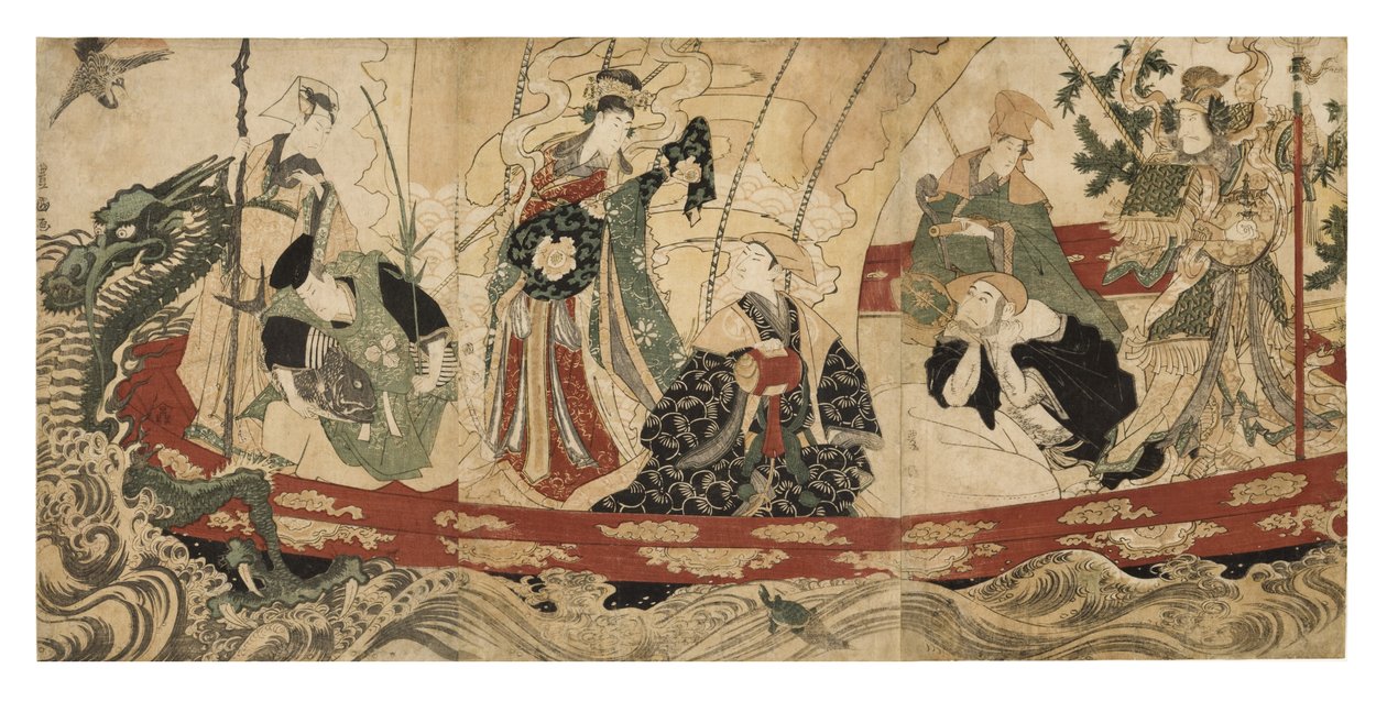 Színészek, mint a szerencse hét istene egy kincseshajón, 1800-05 (fatömb) alkotó: Utagawa Toyokuni