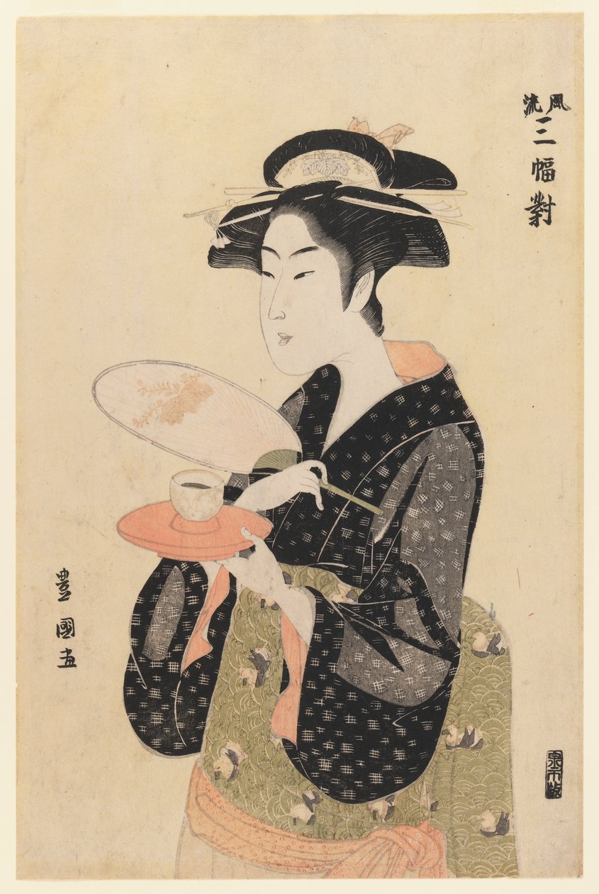The Tea House Beauty, a Furyu Sanpuku-tsui sorozatból (színes fatömb nyomat) alkotó: Utagawa Toyokuni