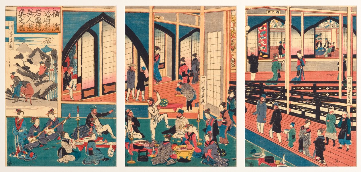 Külföldiek vendégül látása a yokohamai Miyosaki Gankiróban, 1861 januárja (fametszet) alkotó: Utagawa Yoshikazu
