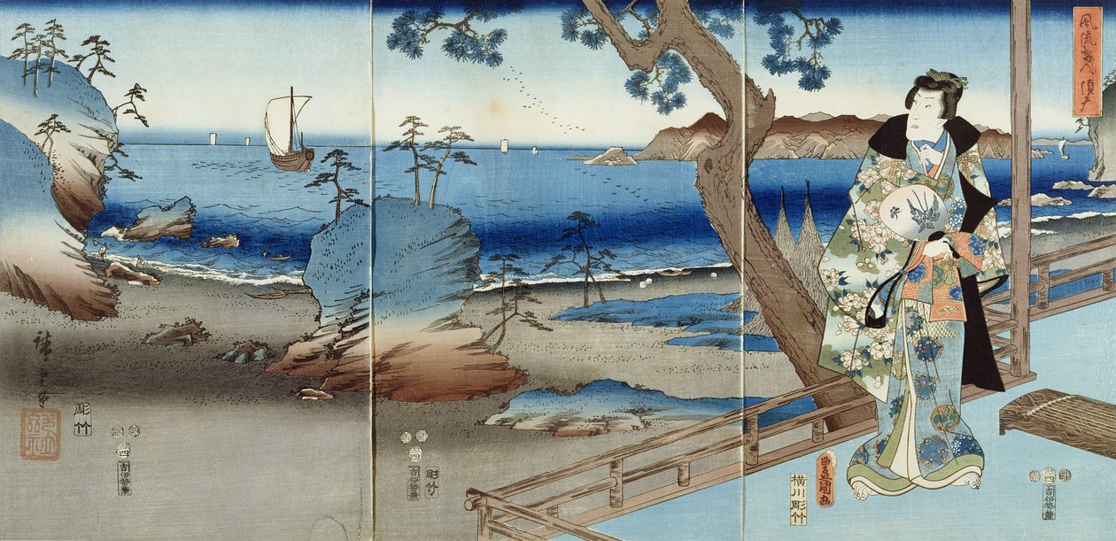 Genji herceg néz a Suma strandon (triptichon) alkotó: Utagawa  Hiroshige and Kunisada