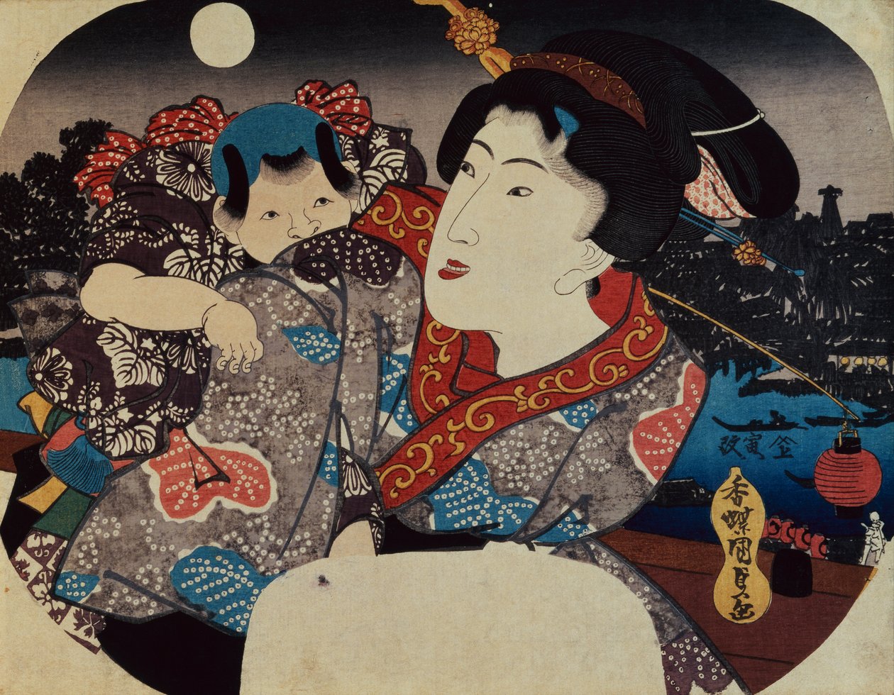 Egy nő, aki gyermeket cipel a hátán (fanyomat) alkotó: Utagawa Kunisada