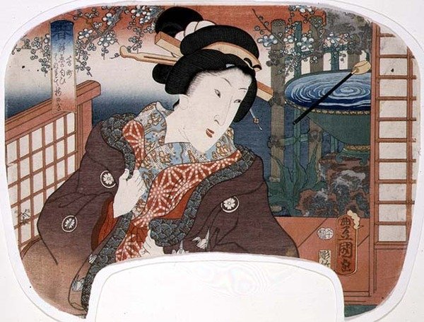 Tavasz, Yoshi-cho; Egy gésa a kertben, design ventilátornak az évszakokat illusztráló négy darabból alkotó: Utagawa Kunisada