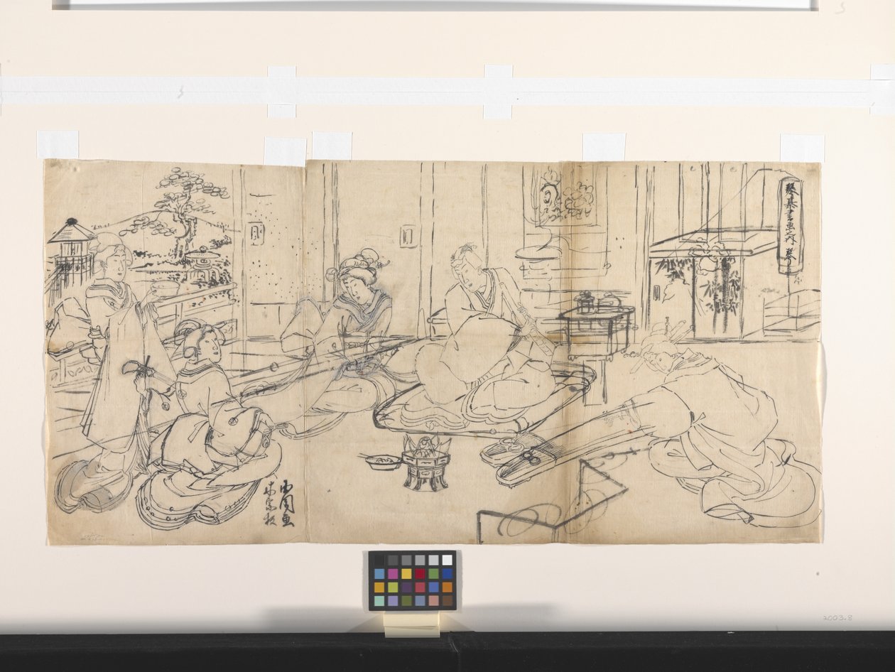 A négy teljesítmény (zene, menj, kalligráfia, festészet): zene (Koto) (tinta papíron) alkotó: Utagawa (1786 1865) Kunisada