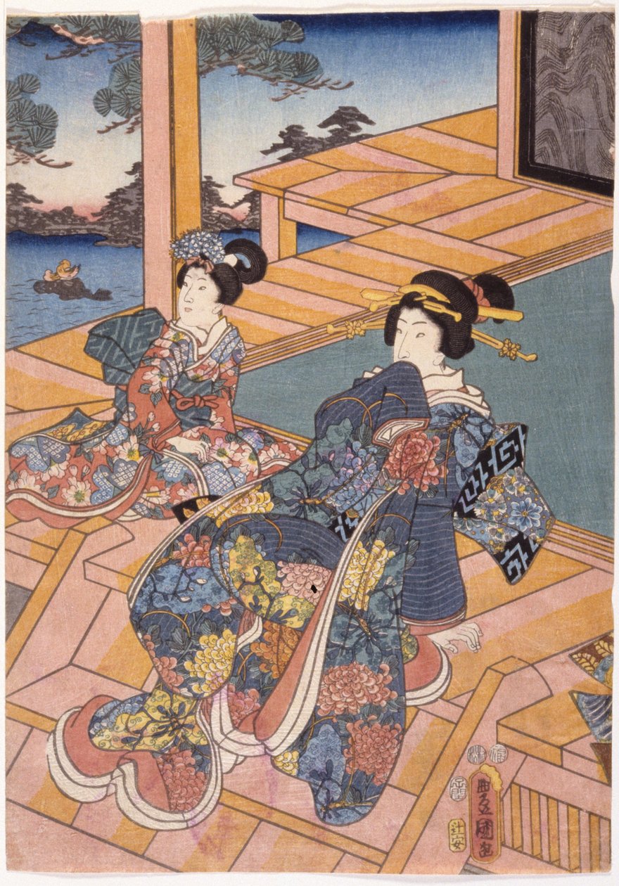 Két hölgy a teraszon (színes fatömb nyomat) alkotó: Utagawa (1786 1865) Kunisada