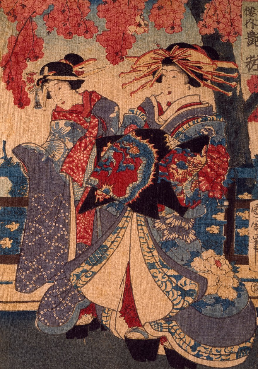 Két nő egy virágos kertben, Utagawa Kunisada, fametszet, krepon technikával alkotó: Utagawa Kunisada