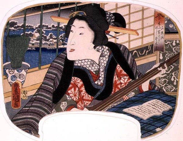 Tél, Shinobazu-tó; Balladát gyakorló gésa, design egy rajongónak egy négyes évszakokat illusztráló készletből alkotó: Utagawa Kunisada
