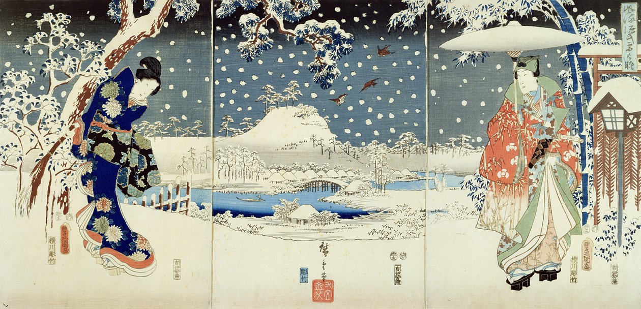 Havas jelenet egy Daimyo kertjében (triptichon) alkotó: Utagawa  Hiroshige and Kunisada