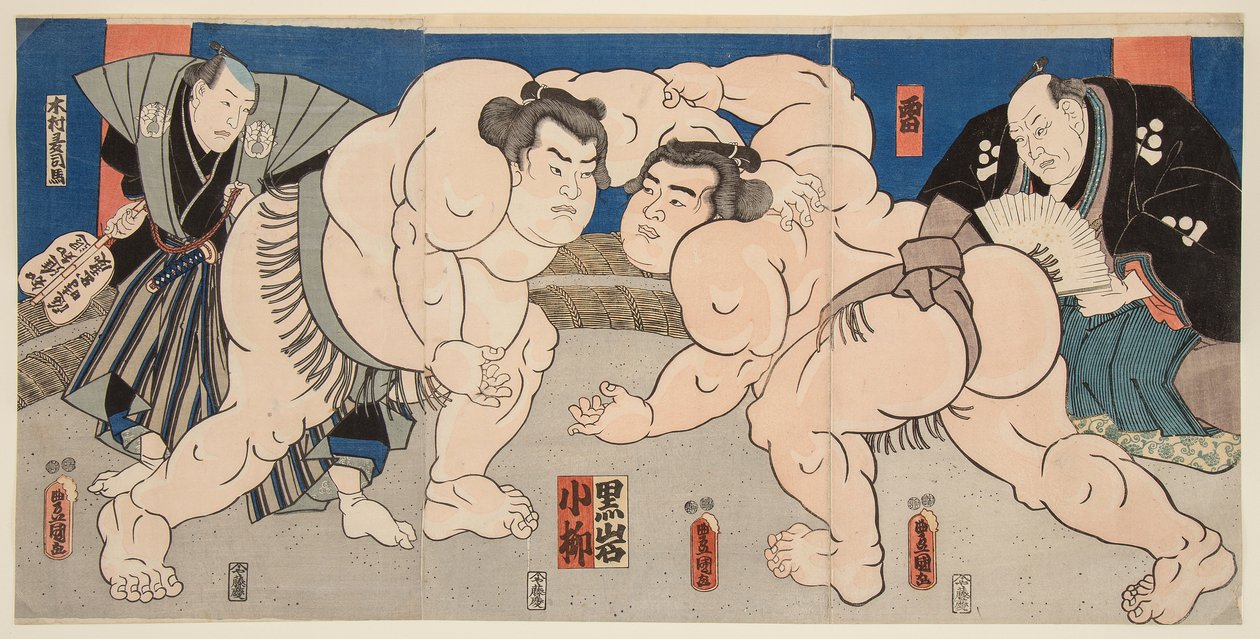 Koyanagi és Kuroiwa szumóbirkózók küzdelme. Nyomtatás: Utagawa Kunisada (1786-1865) alkotó: Utagawa Kunisada