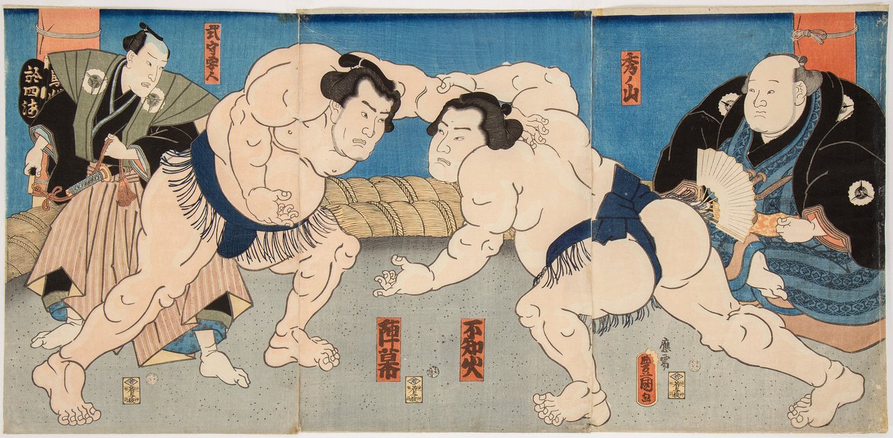 Combat des lutteurs de sumo Shiranui et Jimmaku. Estampe de Utagawa Kunisada (1786-1865), vers 1860 – Shiranui vs Jimmaku birkózás, Kunisada (Toyokuni III), Utagawa (1786-1865). Színes fametszet alkotó: Utagawa Kunisada