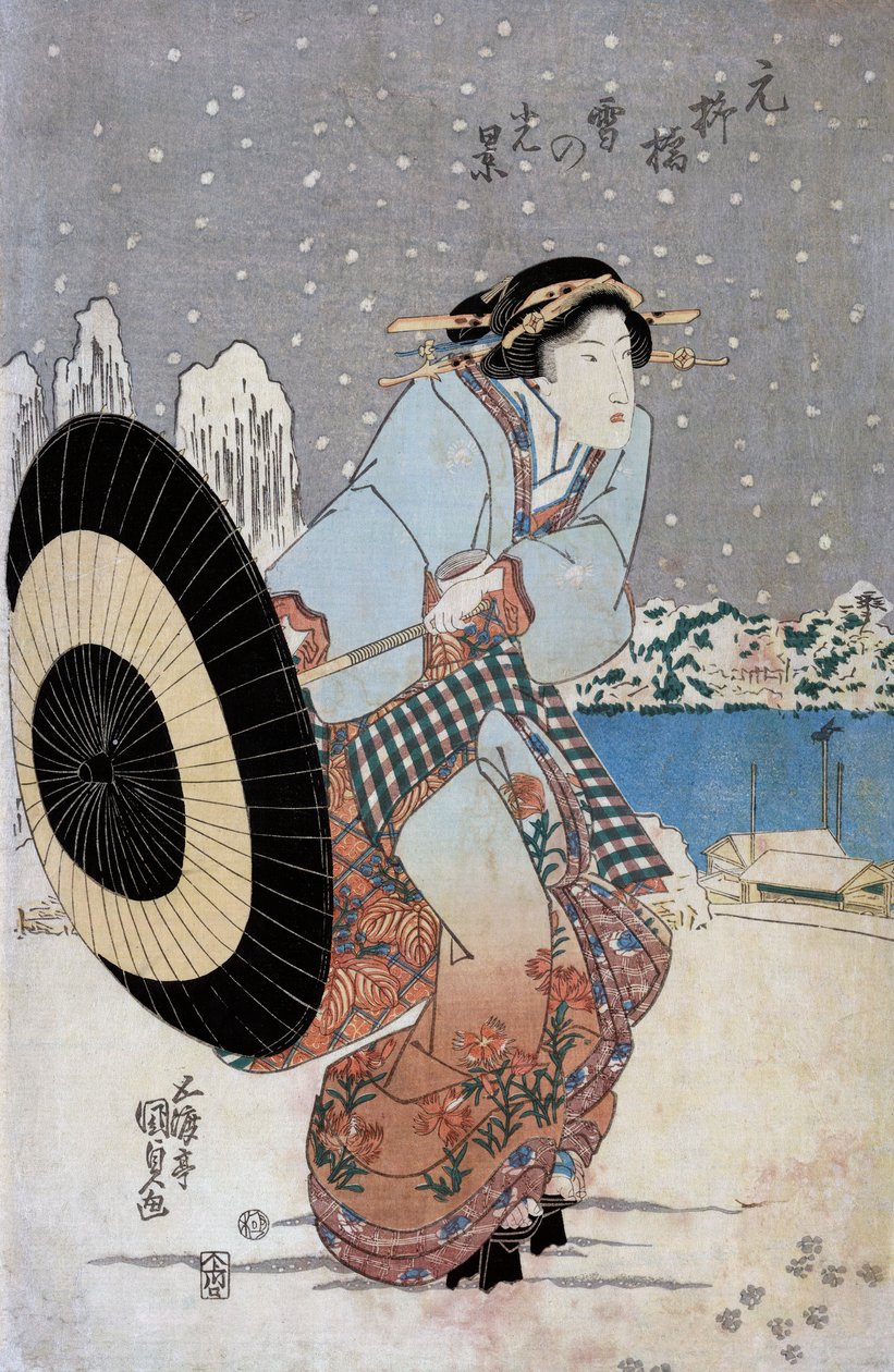Éjszakai havas jelenet a Motonoyanagi hídnál, 1825 körül (fatömbnyomat) alkotó: Utagawa Kunisada