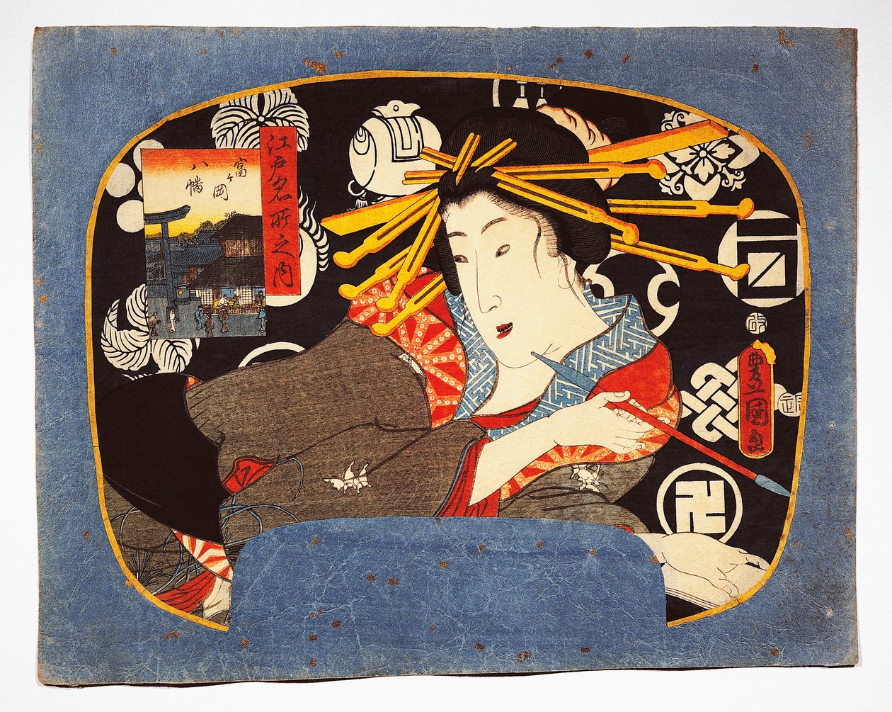Kurtizán hosszú pipával, Hachiman templom a bal oldalon betétben alkotó: Utagawa Kunisada