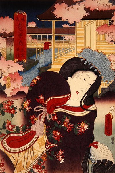 Hanano Enbansho Katsuragi Genji Mitate Hakkei no Uchi (Fower Bankue t, Eening g Bell: Katsuragi), c. 1808-58 alkotó: Utagawa Kunisada