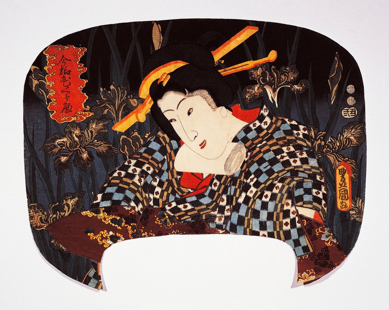 Az udvarhölgy portréja írisszel a háttérben alkotó: Utagawa Kunisada