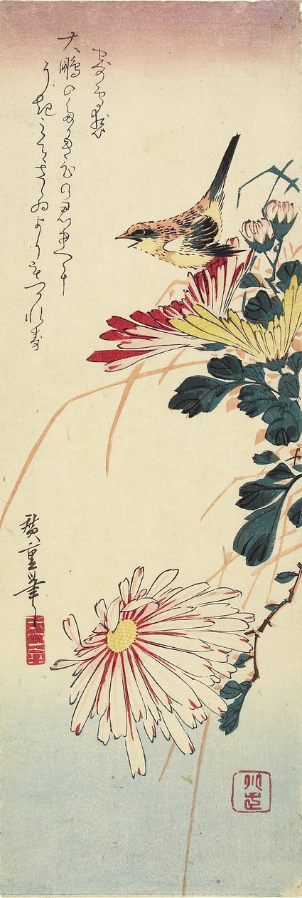(Krizantémok és egy gébics), 1830-1858 alkotó: Utagawa Hiroshige