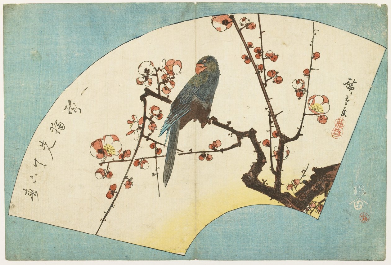 (Papagáj egy virágzó szilván), 19. század közepe alkotó: Utagawa Hiroshige