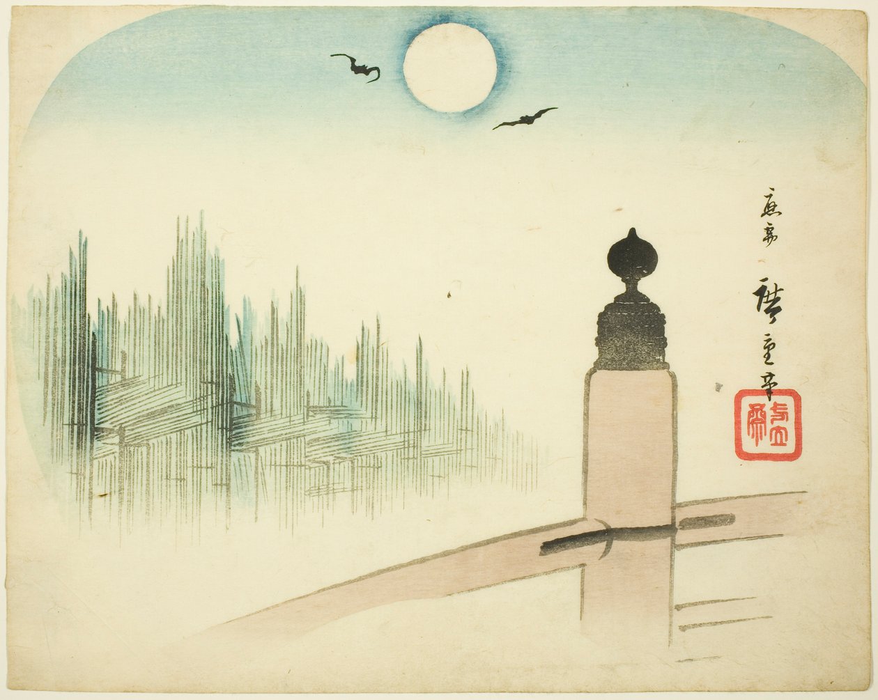 Kilátás a fatelepre egy hídról alkotó: Utagawa Hiroshige