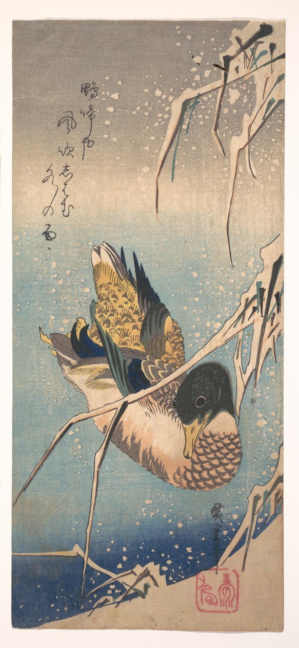 Egy vadkacsa a hóval borított part közelében alkotó: Utagawa Hiroshige