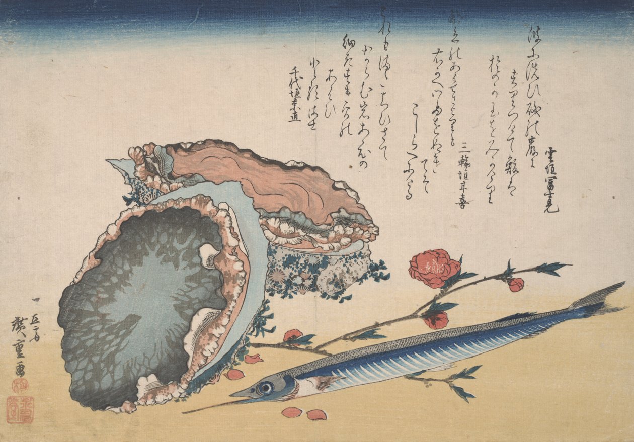 Abalone, Half Beak és Barackvirág alkotó: Utagawa Hiroshige