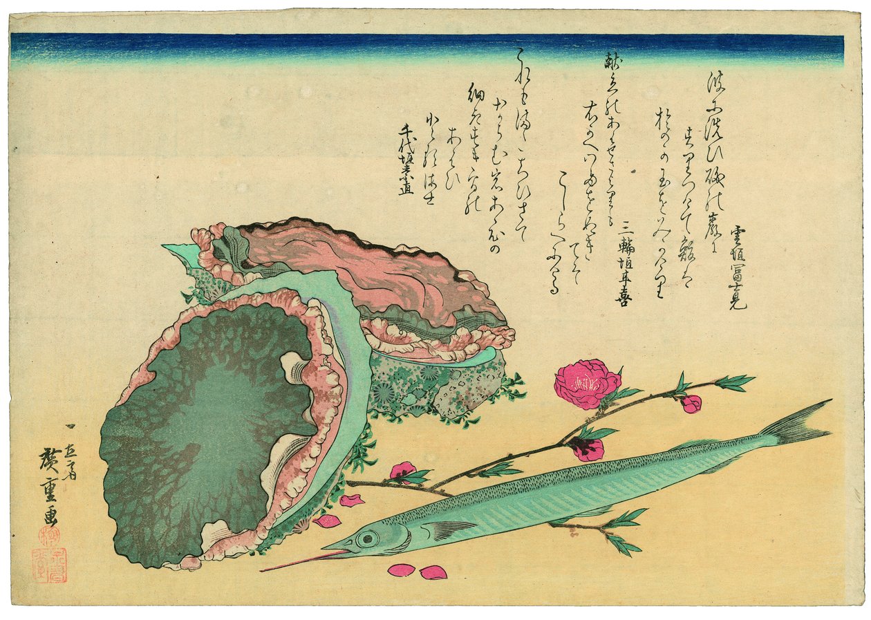 Abalone, félcsőrű hal és őszibarackvirágok alkotó: Utagawa Hiroshige