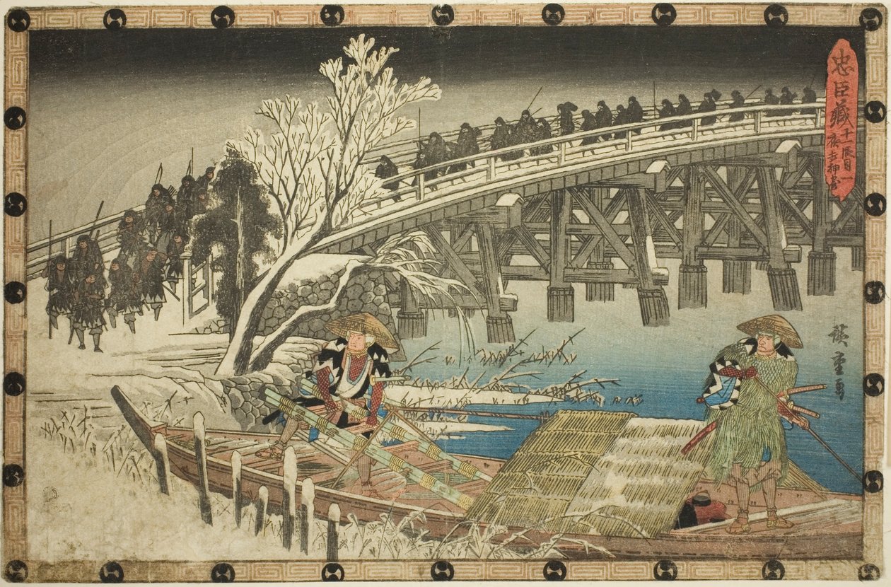 11. felvonás, 1. rész: Az éjszakai támadás megközelítése (Juichidanme ichi, yochi oshiyose), a "A hűséges megtartók bosszúja (Chushingura)" sorozatból alkotó: Utagawa Hiroshige