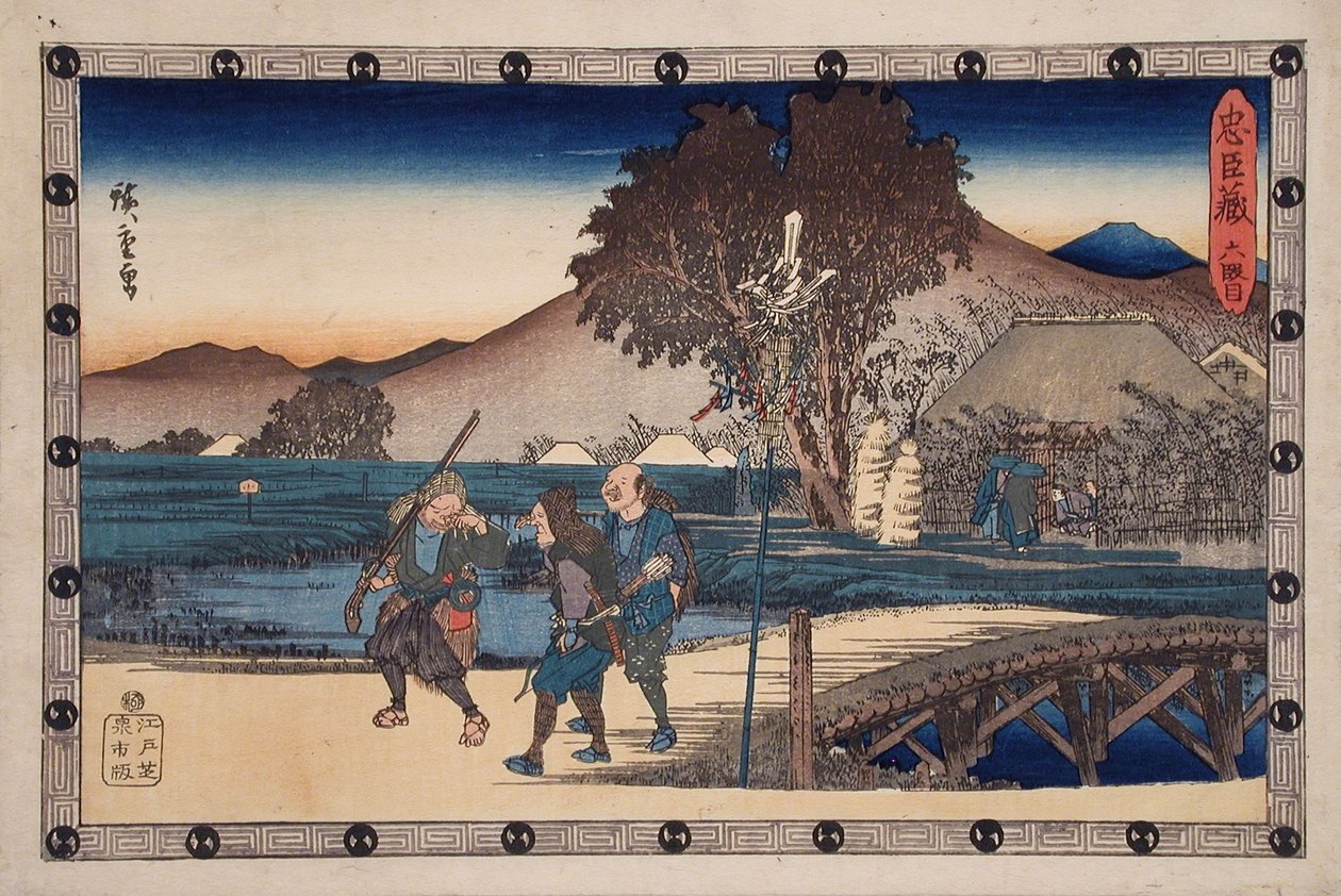 VI. felvonás: Vadászok térnek vissza, miután a meggyilkolt Yoichibei holttestét a kunyhójába vitték alkotó: Utagawa Hiroshige