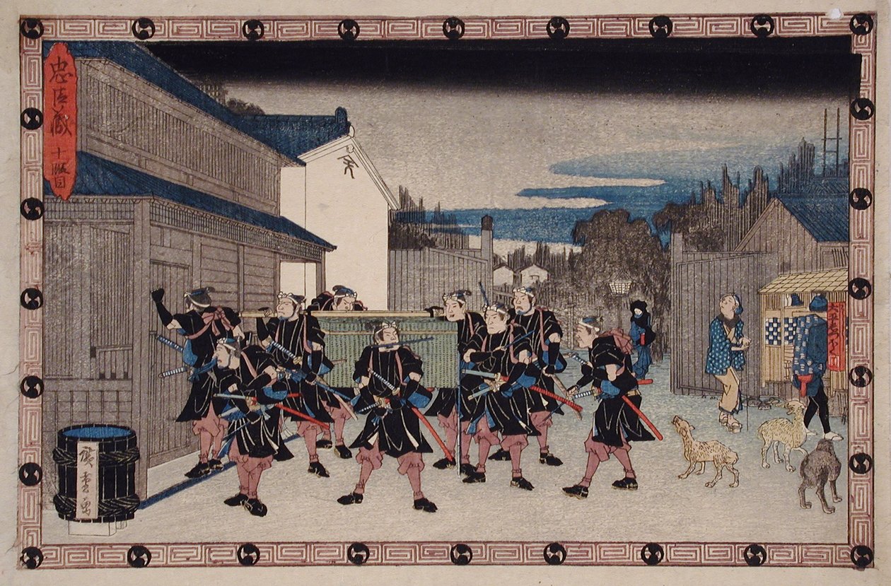 X. felvonás: A Yuranosukét rejtő kosarat cipelő rōnin belép Gihei házába alkotó: Utagawa Hiroshige