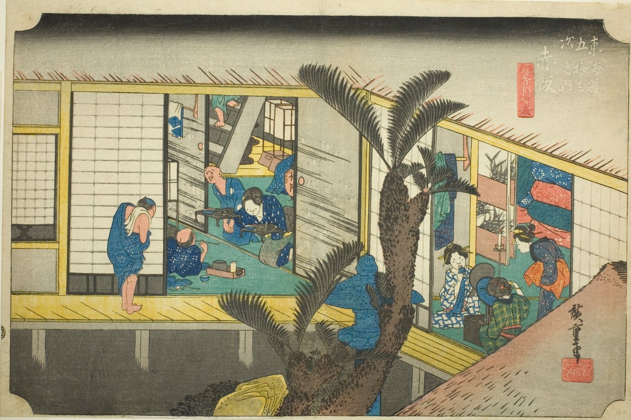 Akasaka: Pincérnők egy fogadóban (Akasaka, ryosha shofu no zu), a "Tokaido ötvenhárom állomása (Tokaido gojusan tsugi no uchi)" sorozatból, más néven Hoeido Tokaido alkotó: Utagawa Hiroshige