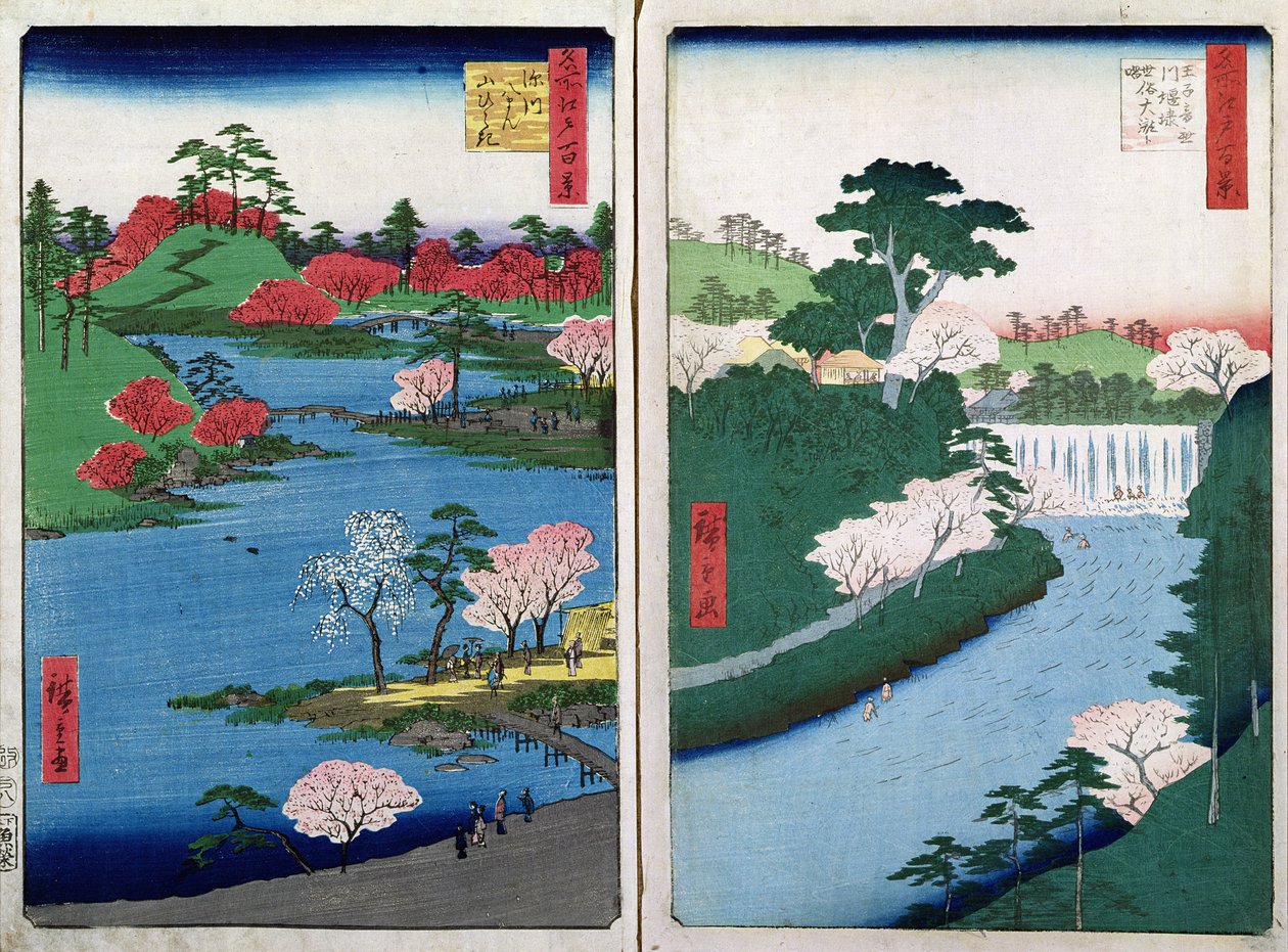A folyópart mentén, két nézet a "60-Odd Famous Views of the Provinces" című, Kosheihei által 1853-ban kiadott kiadványból (színes fametszet). alkotó: Utagawa Hiroshige