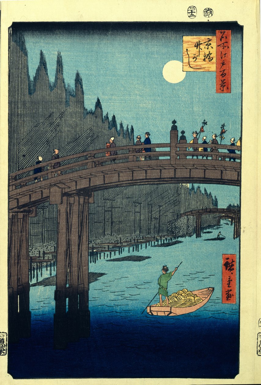Bamboo Quay a Kyobashi híd mellett. Edo száz híres képe, c. 1858 alkotó: Utagawa Hiroshige