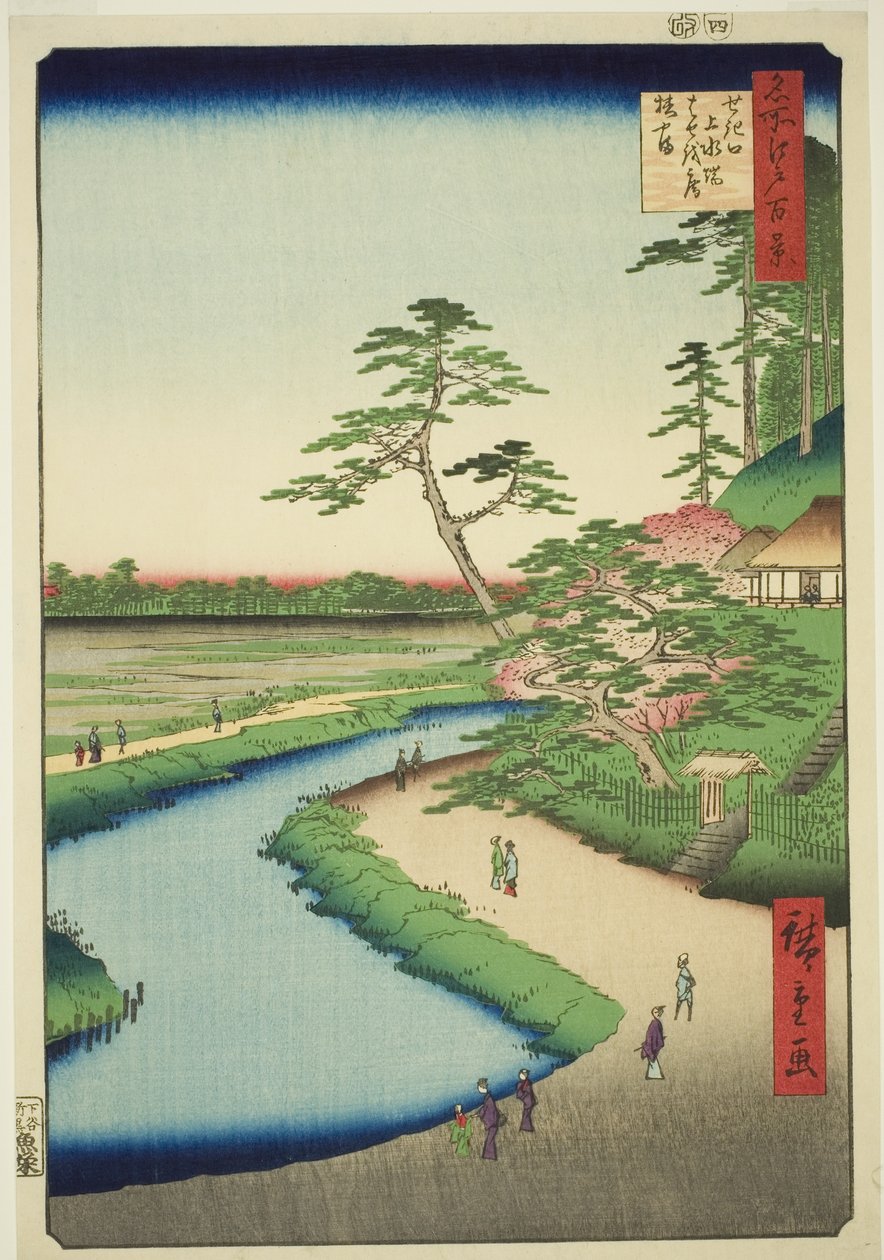 Basho kunyhója a kaméliadombon a Sekiguchi vízvezeték mellett (Sekiguchi josui-bata Bashoan Tsubakiyama), a "Száz híres edói látkép (Meisho Edo hyakkei)" sorozatból. alkotó: Utagawa Hiroshige