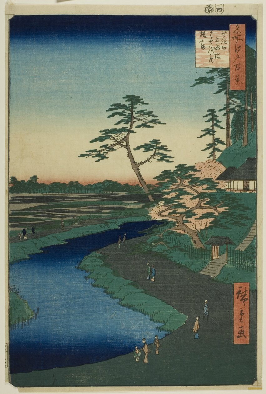 Basho kunyhója a kaméliadombon a Sekiguchi vízvezeték mellett, a "Száz híres nézet Edóról (Meisho Edo hyakkei)" sorozatból. alkotó: Utagawa Hiroshige