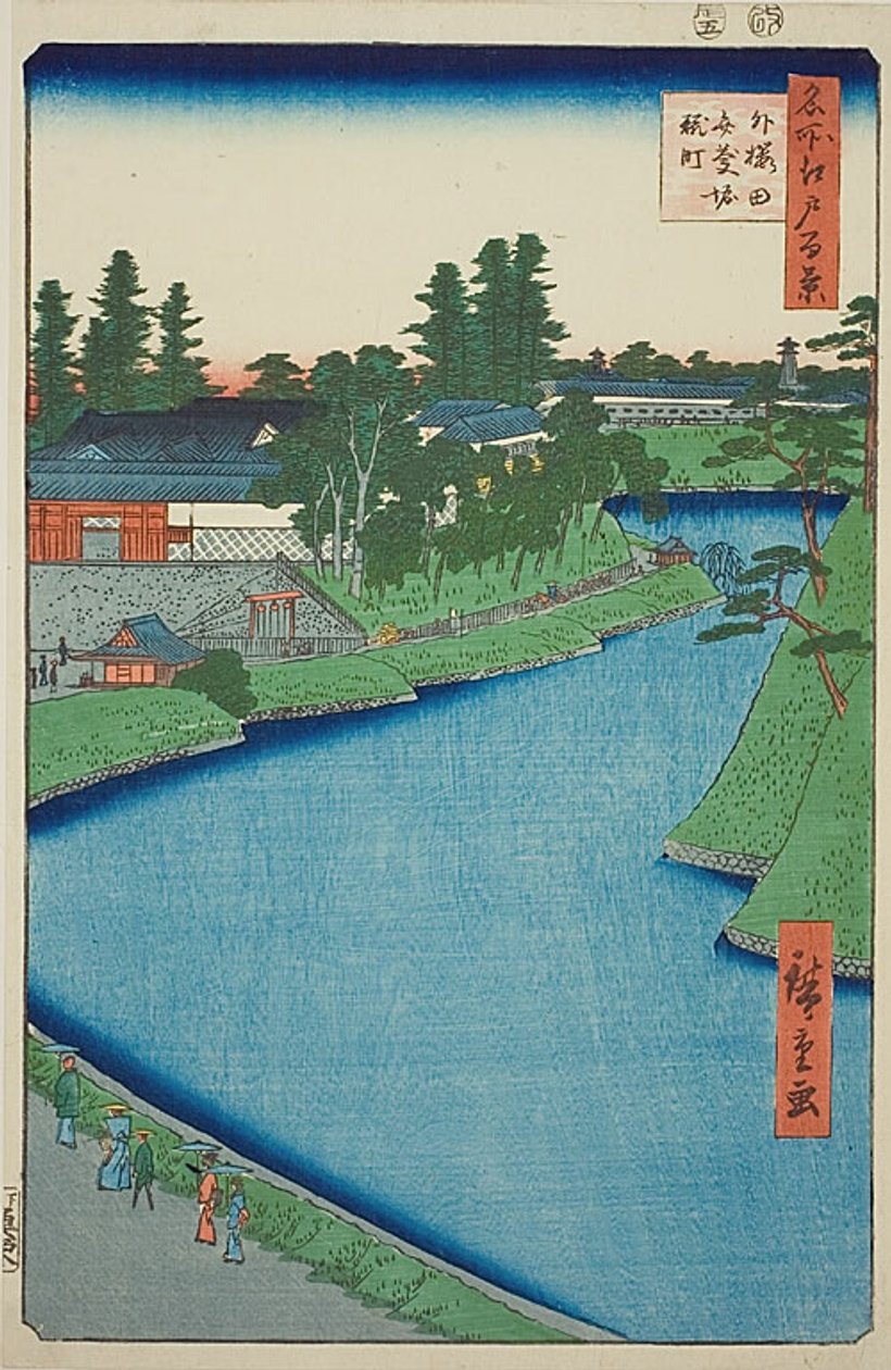 Benkei árok a Soto-Sakuradától Kojimacsiig (Soto Sakurada Benkeibori Kojimacsi), No.54 a "Száz híres nézet Edóról (Meisho Edo hyakkei)" sorozatból. alkotó: Utagawa Hiroshige