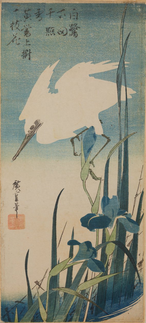 Fehér repülő gém és kék íriszek / Shobu to shirasagi alkotó: Utagawa Hiroshige