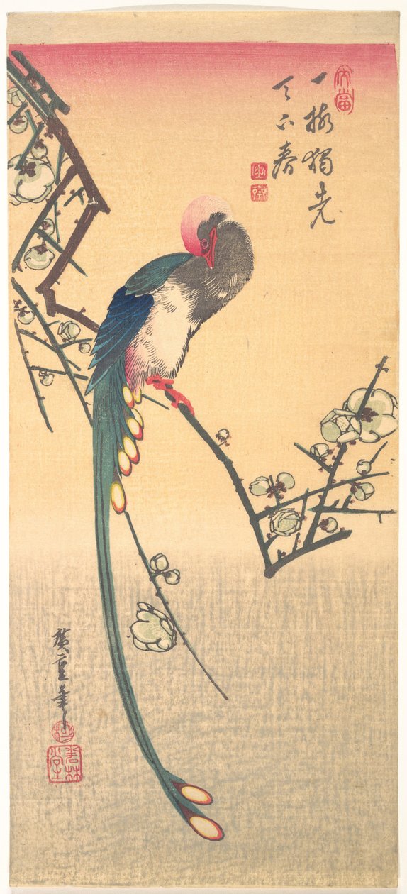 Madár egy szilvafa ágán alkotó: Utagawa Hiroshige